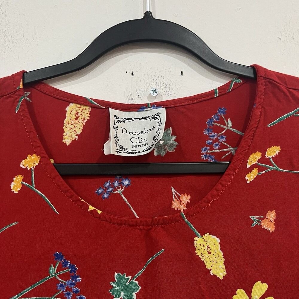 Vintage Red Floral Dressing Clio Dress Petite Medium Pockets Cottage Kidcore - Picture 5 of 9